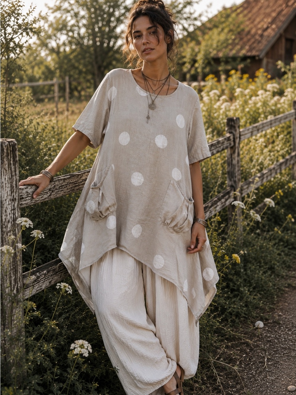 Kaktus Lagenlook Linen Polka Dot Tunic Dress Made in Italy M